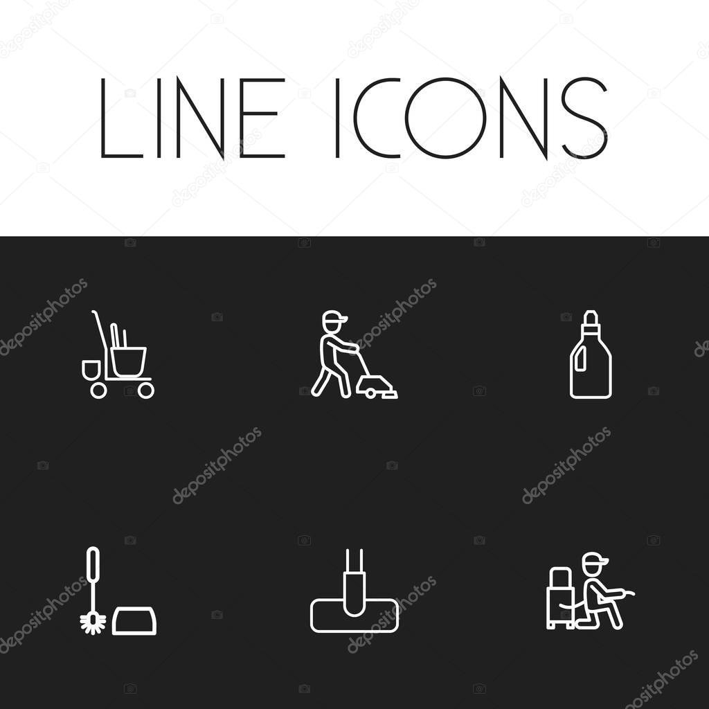 Set Of 6 Editable Cleaning Outline Icons. Includes Symbols Such As Sweeper, Washing Liquid, Toilet Brush And More. Can Be Used For Web, Mobile, UI And Infographic Design.