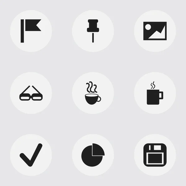 Satz von 9 editierbaren Bürosymbolen. beinhaltet Symbole wie Tasse Tee, Bild, Kontrolle und mehr. kann für Web-, Mobil-, UI- und Infografik-Design verwendet werden. — Stockvektor