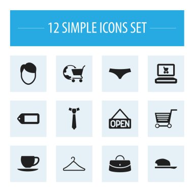 12 düzenlenebilir alışveriş simgeler kümesi. Kaporta, kravat, Web ticaret ve daha fazla olarak simgeleri içerir. Web, mobil, UI ve Infographic tasarımı için kullanılabilir.