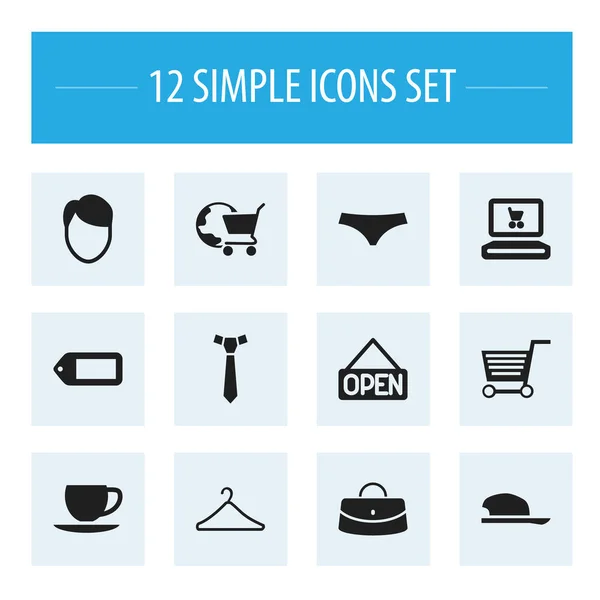 12 編集可能なショッピング アイコンのセットです。ボンネット、ネクタイ、Web 取引などの記号が含まれます。ウェブ、モバイル、Ui とインフォ グラフィック デザインに使用することができます。. — ストックベクタ
