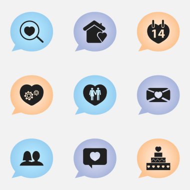 9 düzenlenebilir kalp simgeler kümesi. Pasta, aşk mesajı, ev ve daha fazla gibi simgeler içerir. Web, mobil, UI ve Infographic tasarımı için kullanılabilir.