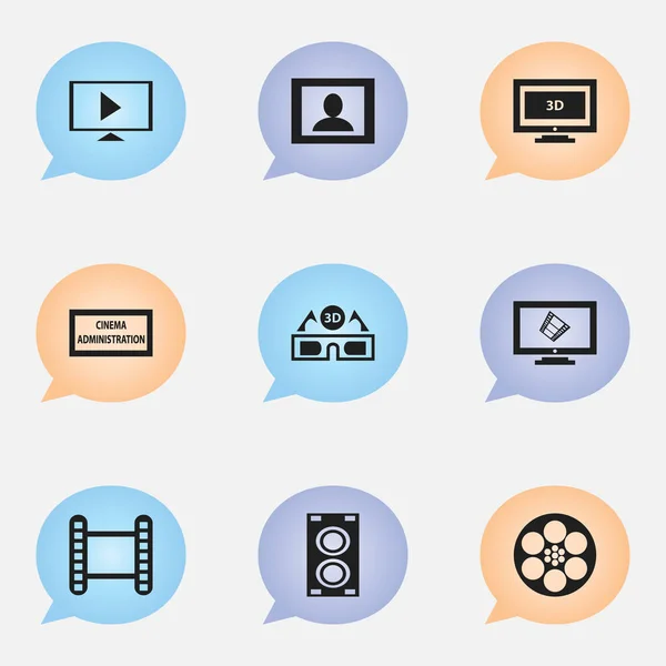 Set di 9 icone filmiche modificabili. Include simboli come occhiali da film, schermo panoramico, bobina e altro ancora. Può essere utilizzato per la progettazione web, mobile, UI e infografica . — Vettoriale Stock