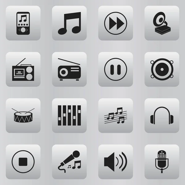 Set med 16 redigerbara melodi ikoner. Innehåller symboler som till exempel ljud, paus musik, mikrofon och mycket mer. Kan användas för webb-, mobil-, Ui- och Infographic Design. — Stock vektor