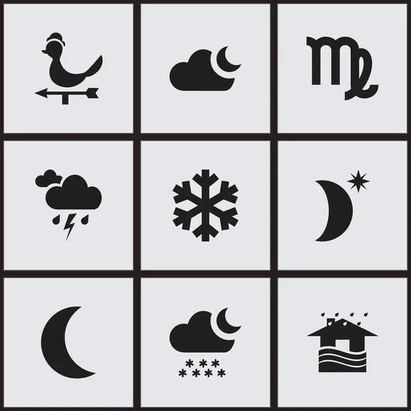 Conjunto de 9 iconos climáticos editables. Incluye símbolos como partículas, noche nevada, dirección de brisa y más. Puede ser utilizado para el diseño de la tela, móvil, interfaz de usuario e infografía . — Vector de stock