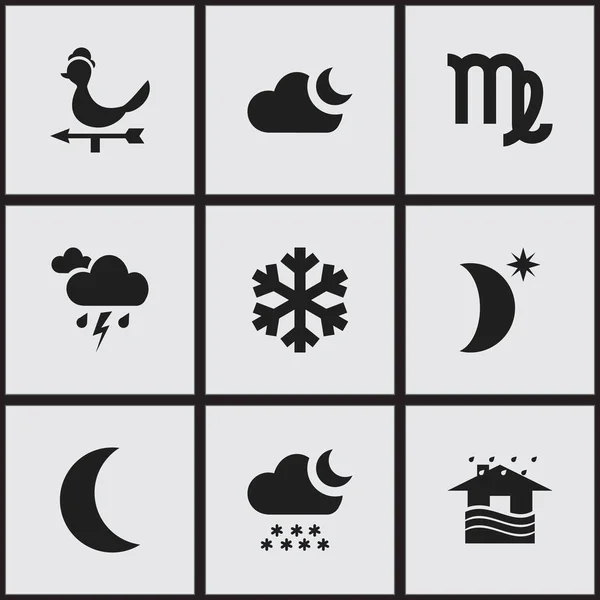 9 düzenlenebilir iklim simgeler kümesi. Parçacık, karlı gece, Rüzgar yön ve daha fazlası gibi simgeler içerir. Web, mobil, UI ve Infographic tasarımı için kullanılabilir.