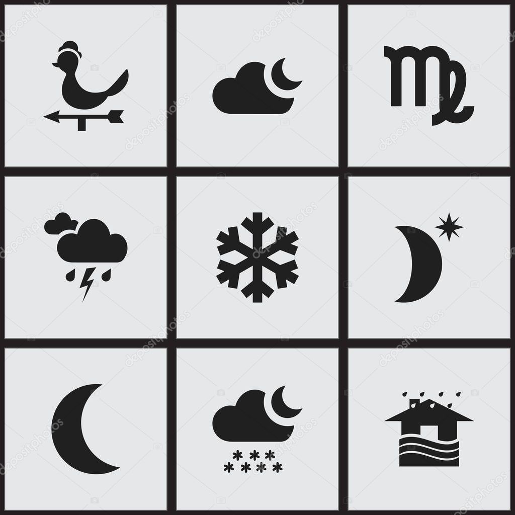 Set Of 9 Editable Climate Icons. Includes Symbols Such As Particle, Snowy Night, Breeze Direction And More. Can Be Used For Web, Mobile, UI And Infographic Design.