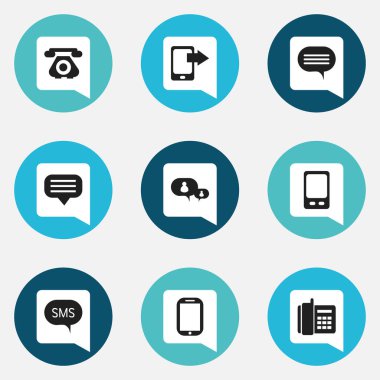9 düzenlenebilir Gadget simgeler kümesi. Ana sayfa cep telefonu, sohbet, sohbet gibi semboller ve daha fazlasını içerir. Web, mobil, UI ve Infographic tasarımı için kullanılabilir.