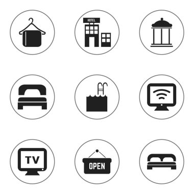 9 düzenlenebilir Motel simgeler kümesi. Yatak, havuz, uyku gibi sembolleri ve daha fazlasını içerir. Web, mobil, UI ve Infographic tasarımı için kullanılabilir.