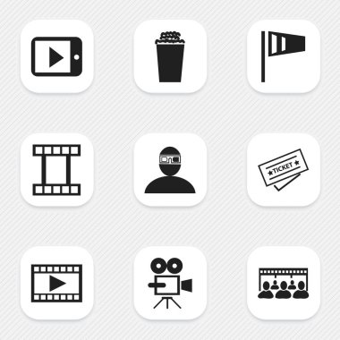 9 düzenlenebilir filme simgeler kümesi. Seyirci, patlamış mısır, film şeridi ve daha fazlası gibi simgeler içerir. Web, mobil, UI ve Infographic tasarımı için kullanılabilir.