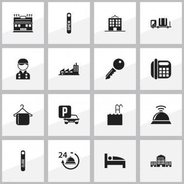 16 düzenlenebilir Plaza simgeler kümesi. Sembolleri içerir askı gibi erişim, Resepsiyon ve daha fazla engelini kaldırmak. Web, mobil, UI ve Infographic tasarımı için kullanılabilir.
