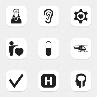 9 düzenlenebilir hastane simgeler kümesi. Mark, dinle ve kalp gibi simgeler içerir. Web, mobil, UI ve Infographic tasarımı için kullanılabilir.