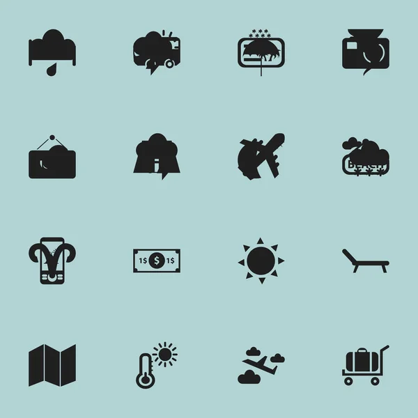 Zestaw 16 ikon można edytować podróży. Zawiera symbole, takie jak Plage, Motorbus, aparat i więcej. Mogą być używane dla sieci Web, mobilnych, interfejsu użytkownika i Infographic Design. — Wektor stockowy