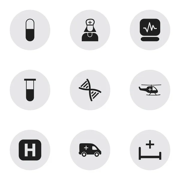 Conjunto de 9 iconos de cuidado editable. Incluye símbolos tales como clínica, droga, envase del análisis y más. Puede ser utilizado para el diseño de la tela, móvil, interfaz de usuario e infografía . — Vector de stock