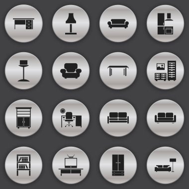 16 düzenlenebilir iç simgeler kümesi. Divan, sehpa, mutfağı ve daha fazlası gibi simgeler içerir. Web, mobil, UI ve Infographic tasarımı için kullanılabilir.