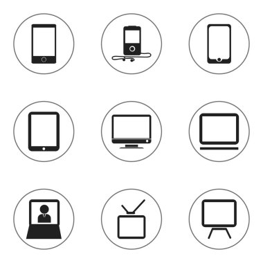 9 düzenlenebilir aygıtları simgeler kümesi. Monitör, televizyon, bilgisayar ve daha fazlası gibi simgeler içerir. Web, mobil, UI ve Infographic tasarımı için kullanılabilir.