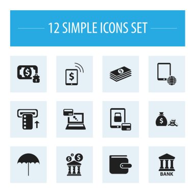 12 düzenlenebilir yatırım simgeler kümesi. Serbest gelir, Kütüphane, çanta ve daha fazlası gibi simgeler içerir. Web, mobil, UI ve Infographic tasarımı için kullanılabilir.