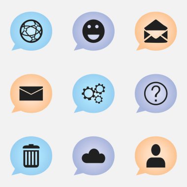 9 düzenlenebilir Internet simge kümesi. Quiz, Emoji, dişli ve daha fazlası gibi simgeler içerir. Web, mobil, UI ve Infographic tasarımı için kullanılabilir.