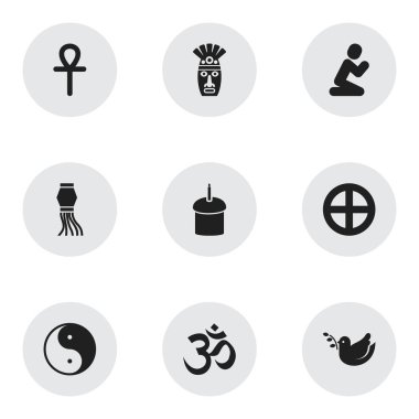9 düzenlenebilir inanç simgeler kümesi. Mısır çapraz, Taoizm, dini işaret ve daha fazlası gibi simgeler içerir. Web, mobil, UI ve Infographic tasarımı için kullanılabilir.