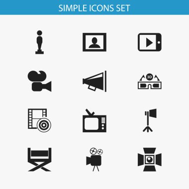 12 düzenlenebilir film simgeler kümesi. Tablet oyun, Retro Tv, Oscar ve daha fazlası gibi simgeler içerir. Web, mobil, UI ve Infographic tasarımı için kullanılabilir.