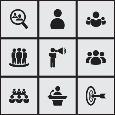 9 düzenlenebilir iş simgeler kümesi. Erkek gibi simgeler içerir insan kaynakları, tartışma ve daha fazlası. Web, mobil, UI ve Infographic tasarımı için kullanılabilir.