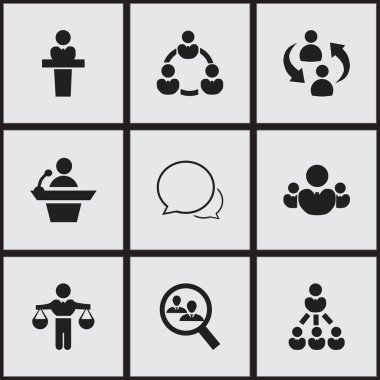 9 düzenlenebilir topluluk simgeler kümesi. Adam, sohbet ve daha fazla konuşurken hoparlör gibi simgeler içerir. Web, mobil, UI ve Infographic tasarımı için kullanılabilir.