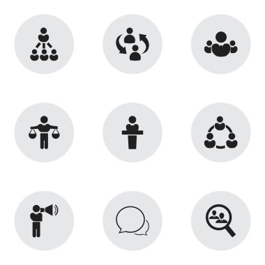 9 düzenlenebilir topluluk simgeler kümesi. Konuşma, çözüm, insan kaynakları ve daha fazlasını bulmak gibi simgeler içerir. Web, mobil, UI ve Infographic tasarımı için kullanılabilir.