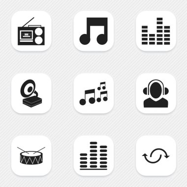 9 düzenlenebilir ses simgeler kümesi. Bar dalga, tuzak ve kaset çalar gibi simgeleri içerir. Web, mobil, UI ve Infographic tasarımı için kullanılabilir.