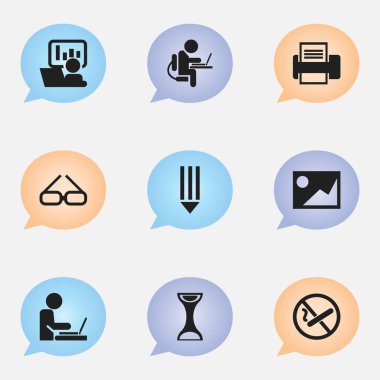 9 düzenlenebilir Bürosu simgeler kümesi. Tanıtım, resim, gözlük ve daha fazlası gibi simgeler içerir. Web, mobil, UI ve Infographic tasarımı için kullanılabilir.