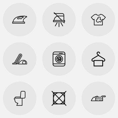 9 düzenlenebilir temizlik anahat simgeleri ayarlayın. Lavabo, ilgi, kirli giysiler ve daha fazla gibi simgeler içerir. Web, mobil, UI ve Infographic tasarımı için kullanılabilir.