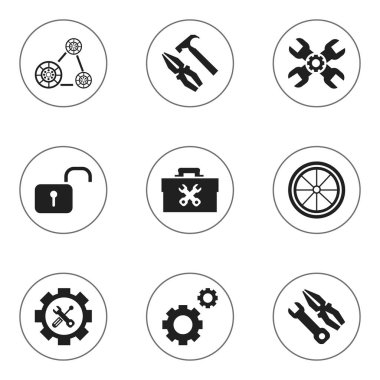9 düzenlenebilir Toolkit simgeler kümesi. Araç, ekipman, tornavida anahtarı ve daha fazla sabitleme gibi simgeler içerir. Web, mobil, UI ve Infographic tasarımı için kullanılabilir.