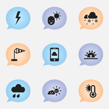 9 düzenlenebilir iklim simgeler kümesi. Telefon, Frostiness, yıldırım ve daha fazlası gibi simgeler içerir. Web, mobil, UI ve Infographic tasarımı için kullanılabilir.