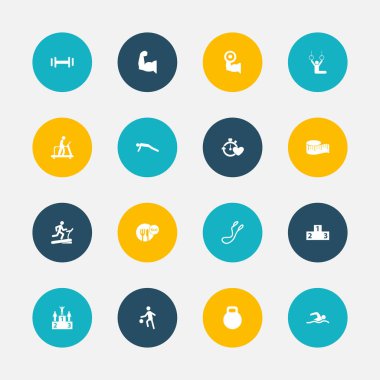 16 düzenlenebilir spor simgeler kümesi. Pazı, ağır eğitim, rekabet ve daha fazlası gibi simgeler içerir. Web, mobil, UI ve Infographic tasarımı için kullanılabilir.