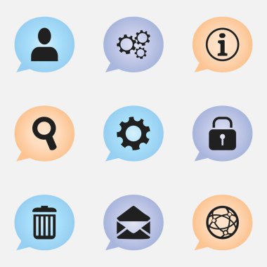 9 düzenlenebilir Internet simge kümesi. Geri dönüşüm kutusu, Büyüteç, SSS ve daha fazlası gibi simgeler içerir. Web, mobil, UI ve Infographic tasarımı için kullanılabilir.