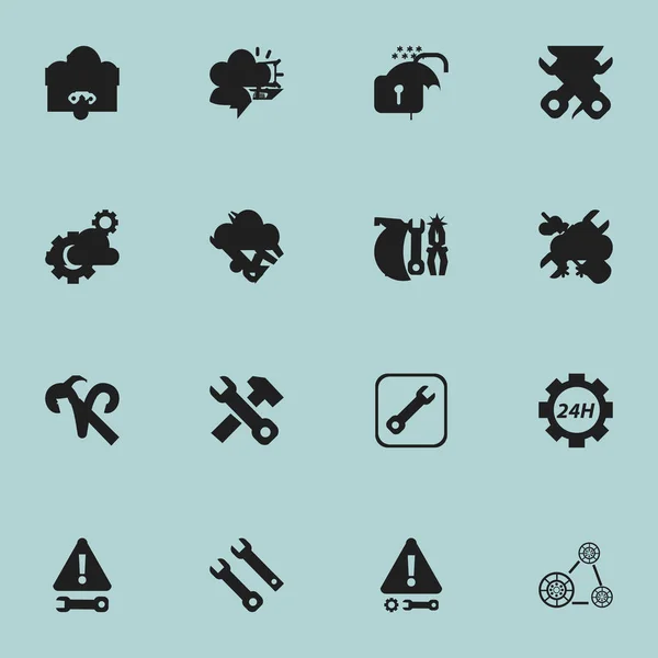 Conjunto de 16 ícones de ferramentas editáveis. Inclui símbolos como serviço, Cadeado aberto, Fixação de equipamentos e muito mais. Pode ser usado para Web, Mobile, UI e design infográfico . —  Vetores de Stock