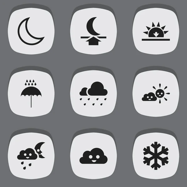 Set de 9 iconos meteorológicos editables. Incluye símbolos como gotas de paraguas, media luna, clima soleado y más. Puede ser utilizado para el diseño de la tela, móvil, interfaz de usuario e infografía . — Vector de stock