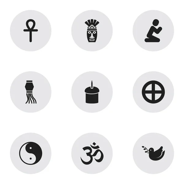 Uppsättning av 9 redigerbara tro ikoner. Innehåller symboler som egyptiska Cross, Taoism, religiösa tecken och mer. Kan användas för webb-, mobil-, Ui- och Infographic Design. — Stock vektor