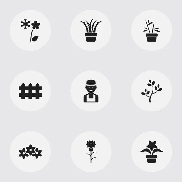 Sada 9 upravitelné výsadbu ikon. Obsahuje symboly, například květináče, Vera, farmář a další. Lze použít pro webové, mobilní, Ui a infografika Design. — Stockový vektor
