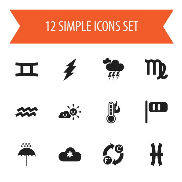 Uppsättning av 12 redigerbara väder ikoner. Innehåller symboler som oskuld, temperatur, vind kon och mer. Kan användas för webb-, mobil-, Ui- och Infographic Design. — Stock vektor