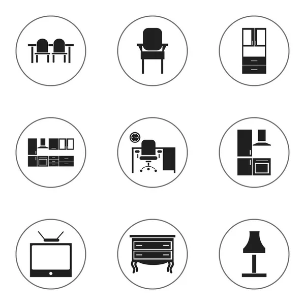 9 düzenlenebilir mobilyalar simgeler kümesi. Restoran masa, tabure, dolap ve daha fazlası gibi simgeler içerir. Web, mobil, UI ve Infographic tasarımı için kullanılabilir. — Stok Vektör