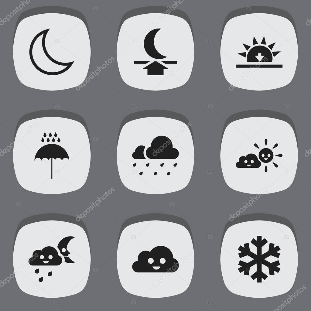 Set Of 9 Editable Weather Icons. Includes Symbols Such As Umbrella Drops, Half Moon, Sunny Weather And More. Can Be Used For Web, Mobile, UI And Infographic Design.