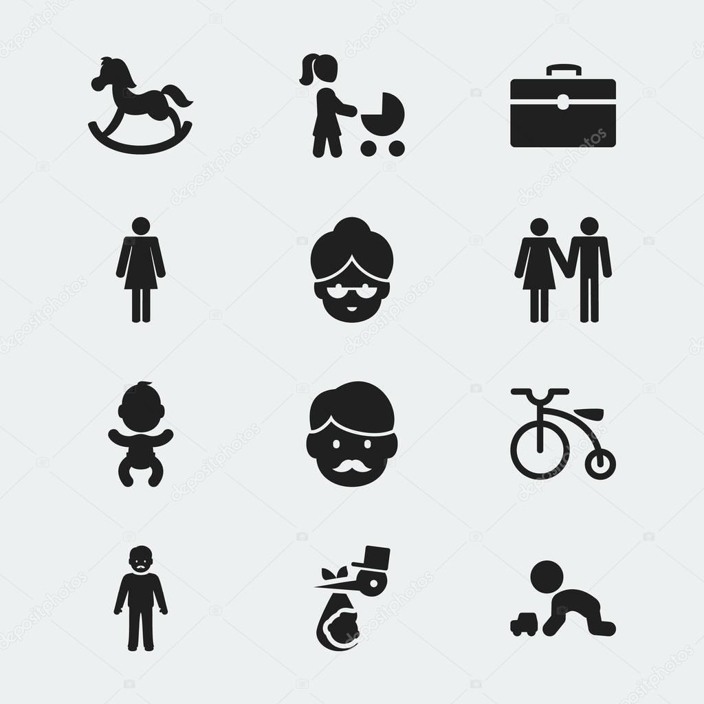 Set Of 12 Editable Family Icons. Includes Symbols Such As Father, Daddy, Perambulator And More. Can Be Used For Web, Mobile, UI And Infographic Design.