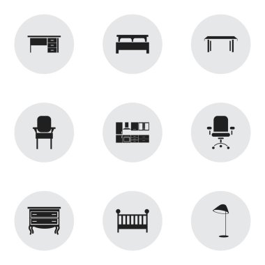 9 düzenlenebilir iç simgeler kümesi. Aydınlatma, rulmanlar, sehpa ve daha fazla gibi simgeler içerir. Web, mobil, UI ve Infographic tasarımı için kullanılabilir.