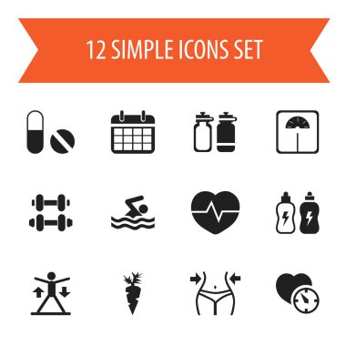 12 düzenlenebilir spor simgeler kümesi. Ağırlık ölçümü, yüzme, zayıflama ve daha fazlası gibi simgeler içerir. Web, mobil, UI ve Infographic tasarımı için kullanılabilir.