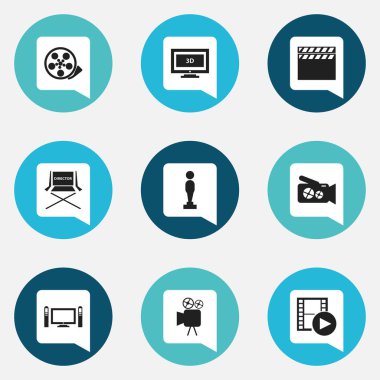 9 düzenlenebilir sinema simgeler kümesi. Oscar, video kamera, kayıt ve daha fazla gibi simgeler içerir. Web, mobil, UI ve Infographic tasarımı için kullanılabilir.