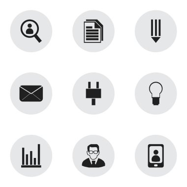 9 düzenlenebilir Office simgeler kümesi. Profesör, telefon, çizgi grafik ve daha fazlası gibi simgeler içerir. Web, mobil, UI ve Infographic tasarımı için kullanılabilir.