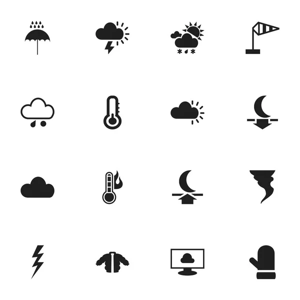 Set de 16 iconos de aire editables. Incluye símbolos como Tornado, Moon Up, Breeze Vane y más. Puede ser utilizado para el diseño de la tela, móvil, interfaz de usuario e infografía . — Vector de stock