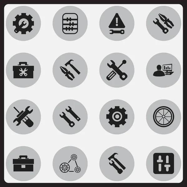 Conjunto de 16 iconos mecánicos editables. Incluye símbolos tales como instrumento, aritmética, advertencia y más. Puede ser utilizado para el diseño de la tela, móvil, interfaz de usuario e infografía . — Vector de stock
