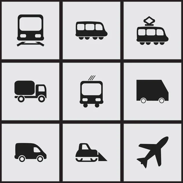 Conjunto de 9 iconos de envío editables. Incluye símbolos como autobus, aviones, tranvía y más. Puede ser utilizado para el diseño de la tela, móvil, interfaz de usuario e infografía . — Archivo Imágenes Vectoriales