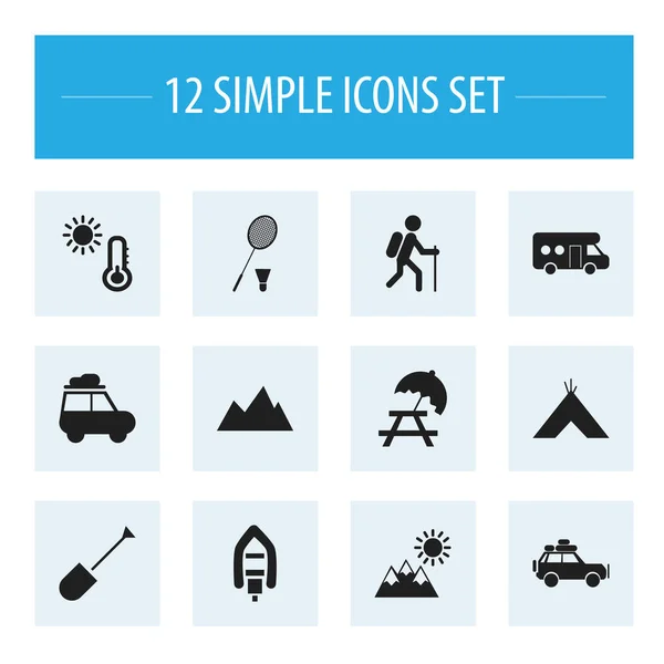 Conjunto de 12 iconos de viaje editables. Incluye símbolos tales como remolque, temperatura, paisaje. Puede ser utilizado para el diseño de la tela, móvil, interfaz de usuario e infografía . — Vector de stock