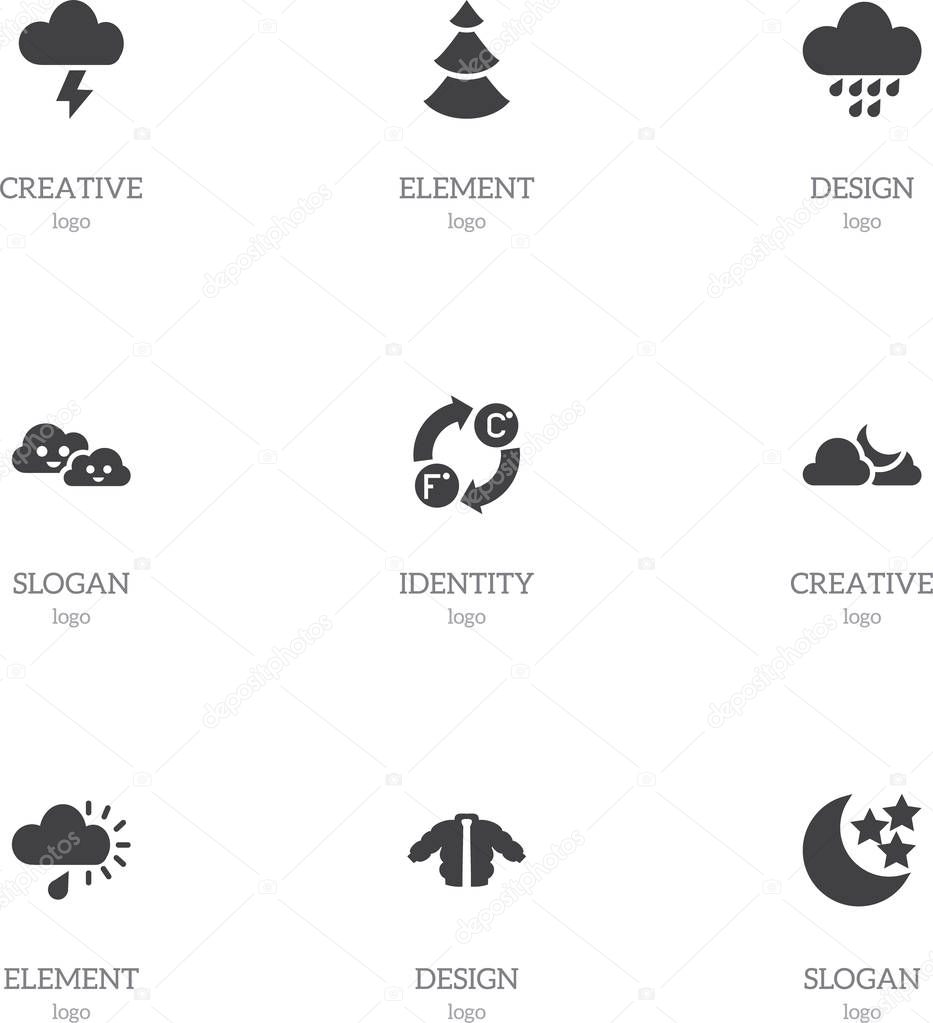 Set Of 9 Editable Weather Icons. Includes Symbols Such As Skyless, Moonlight, Cloudy And More. Can Be Used For Web, Mobile, UI And Infographic Design.